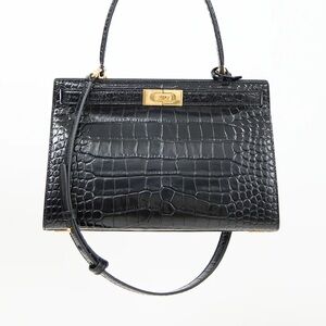 Tory Burch Lee Radziwill Small Embossed Black Leather Gold Hardware Bag